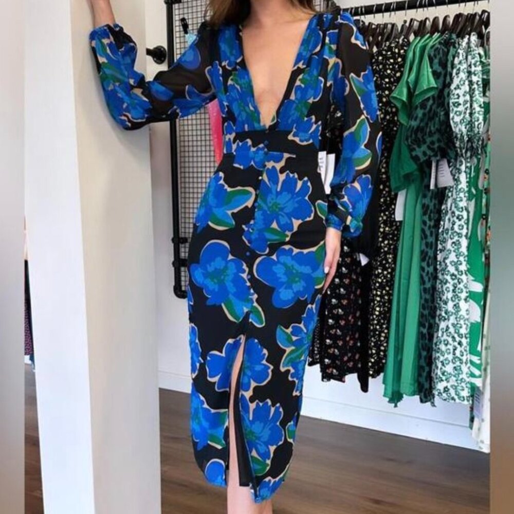 Runaway The Label Calista Midi Blue Sheer Floral long Sleeve Dress size 6 Medium